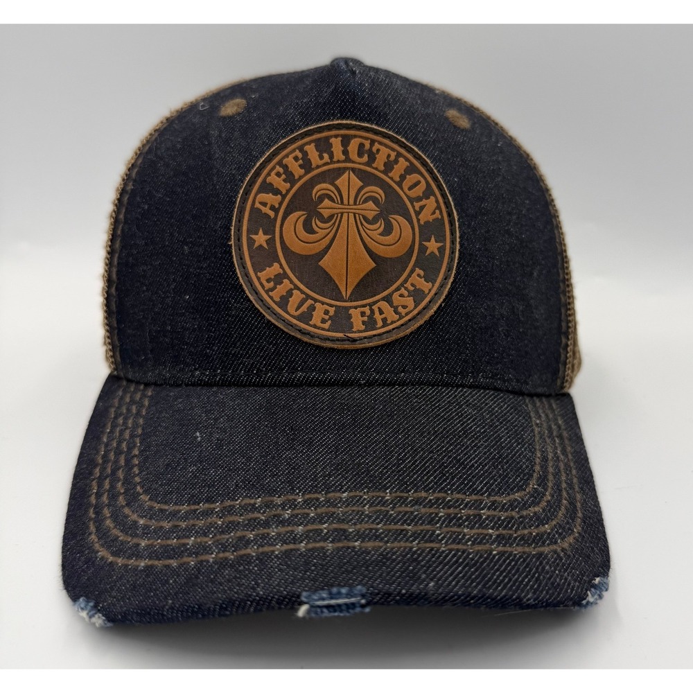 Affliction Live Fast Trucker Hat Distressed Denim Mesh Snapback Fleur De Lis